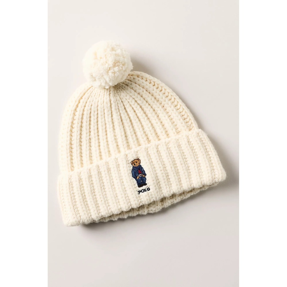 Polo Ralph Lauren Polo Bear Ribbed Knit Pom Beanie Hat Cream White